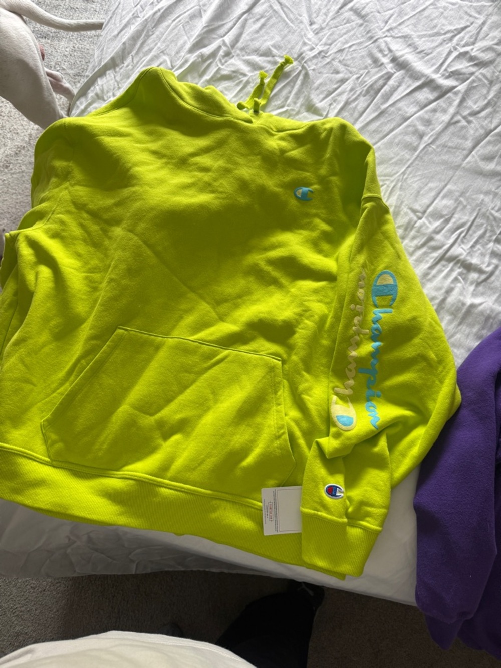 Champion Neon Lime Green Hoodie with Blue Logo Details